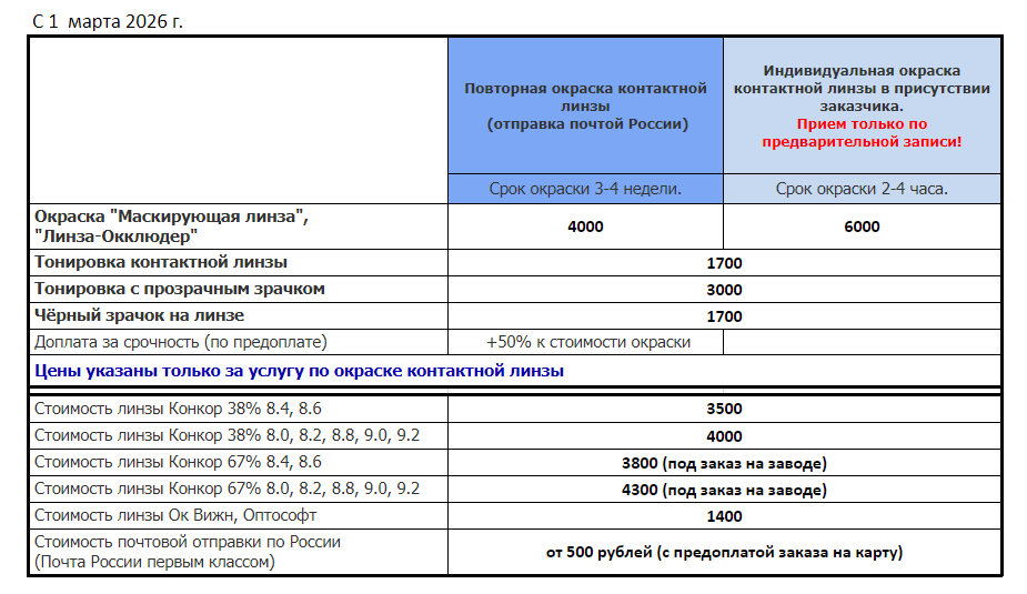Окраска контактных линз. Цены.